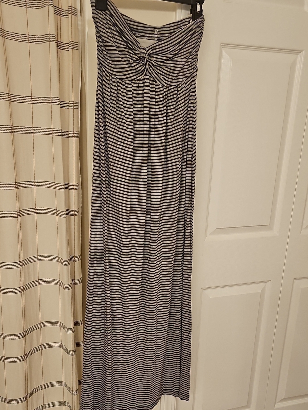 New York & Company Black and White Striped Maxi Strapless Dress with Twist Front